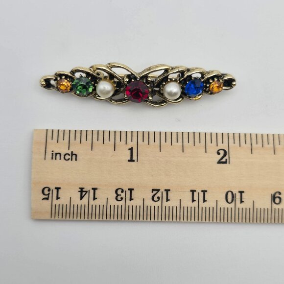 VTG Brooch Gold Tone Multicolor Rhinestone Elegant Regencycore Classy Bar Pin - Picture 10 of 11